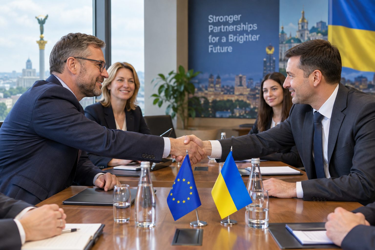 Handshake between international and Ukrainian business partners